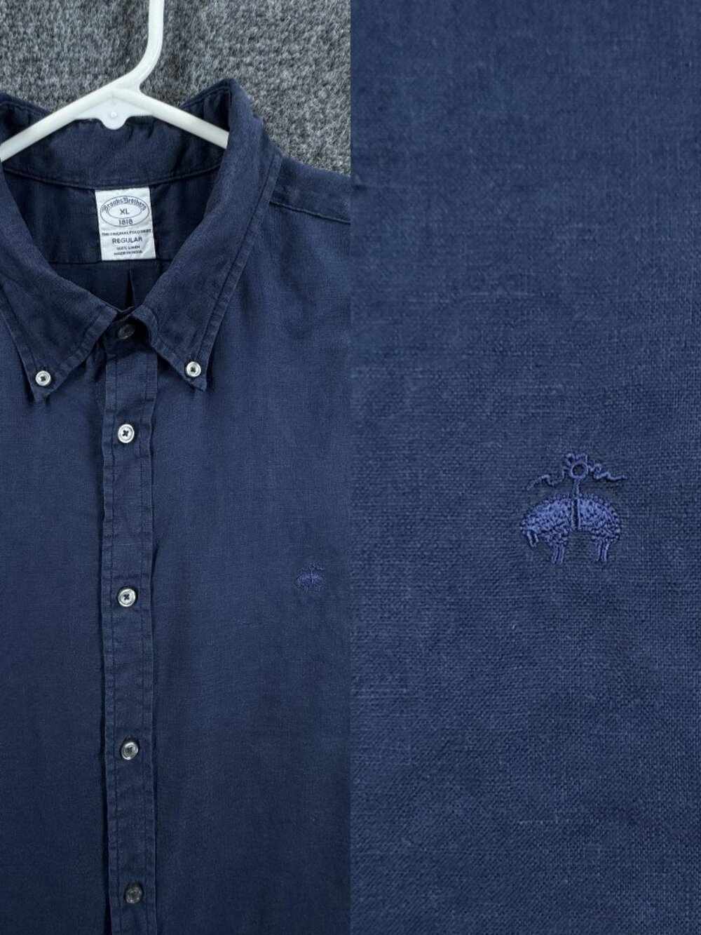 Brooks Brothers XL Short Sleeve Blue Mens Button-Down Logo Solid Shirt Linen